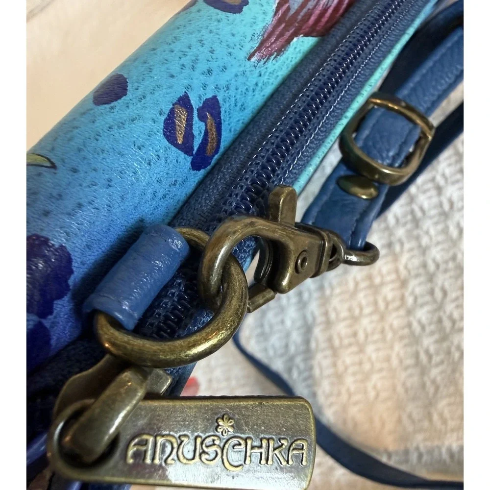 Anuschka Tropical Paradise Blue & Purple Multi Pocket Crossbody Purse